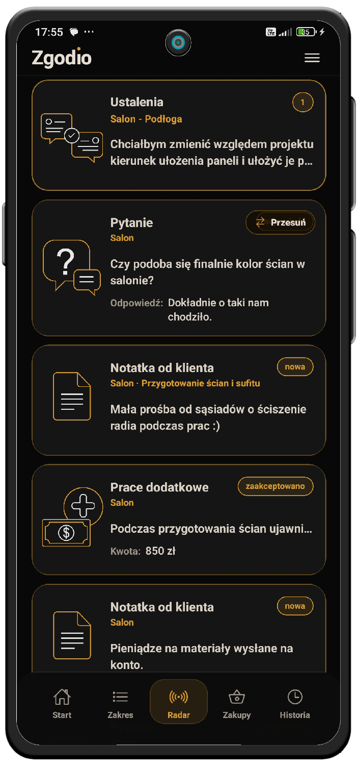 Ustalenia i sprawy w aplikacji Zgodio